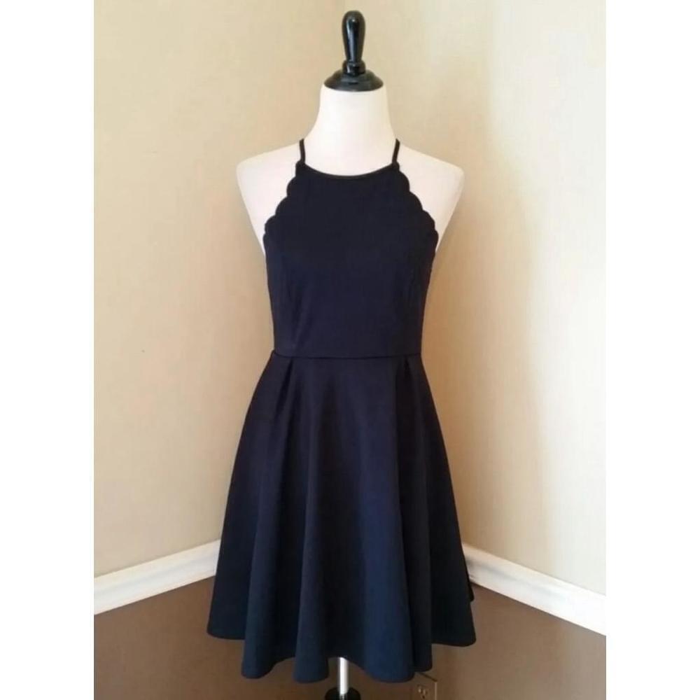 Navy Blue Scalloped Racerback Halter A-Line Dress by She + Sky from Modcloth